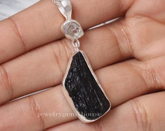Raw Black Tourmaline & Raw Herkimer Diamond Pendant, 925 Sterling Silver Necklace, Rough Gemstone Pendant, Handmade Jewelry, Gift For Her