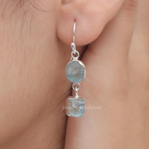 Raw Blue Topaz Earrings, 925 Sterling Silver Earrings, November Birthstone Earrings, Rough Gemstone Earrings, Handmade Jewelry, Gift for Her