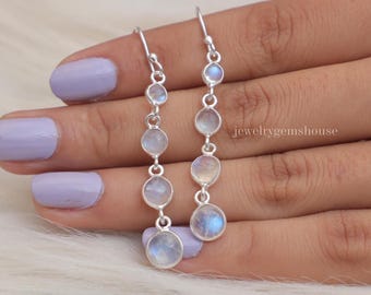Rainbow Moonstone Earrings, 925 Sterling Silver Earrings, Round Shape Earrings, Bohemian Jewelry, Cabochon Earrings, Wedding Gift for Her