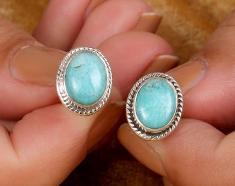 Turquoise Stud Earrings, 925 Silver Studs, Women Stud Earrings, Boho Studs, Sterling Silver Earrings, Oval Studs, Natural Gemstone Studs