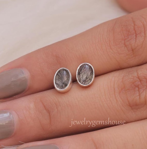 Black Rutile Quartz Stud Earrings,925 Sterling Silver, Handmade Oval Earrings, Gemstone Studs, Minimalist Jewelry, Stone Sourced from Brazil