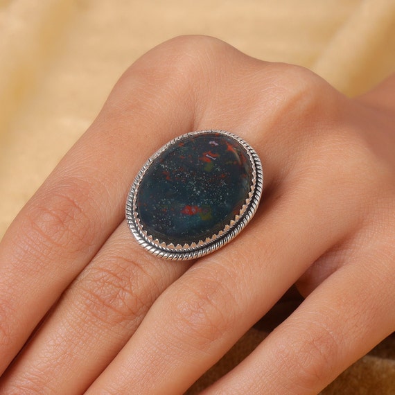 Blutstein Ring 925 Sterling Silber Ring Naturlicher Blutstein Ring Oval Ring GroBer Stein Ring Statement Ring Boho Ring Handgemachter Ring Etsy