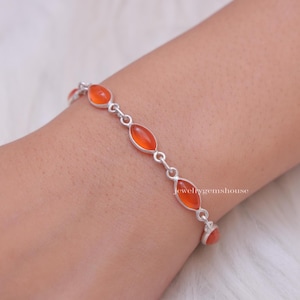 Natural Carnelian Bracelet, 925 Sterling Silver Bracelet, Round Gemstone Bracelet, Women Silver Jewelry, Cabochon Bracelet, Gift For Her