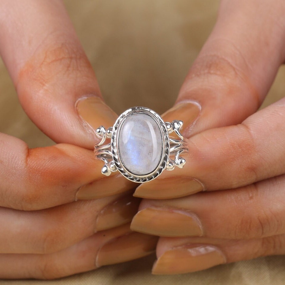 thumbnail image 2 of Handmade 925 Sterling Silver Rainbow Moonstone Ring – Oval Blue Gemstone, Bezel Set, Nickel-Free 2 of 5