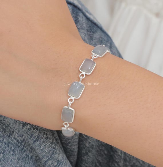 Chalcedony Bracelet, 925 Sterling Silver Bracelet, Rectangle Stone