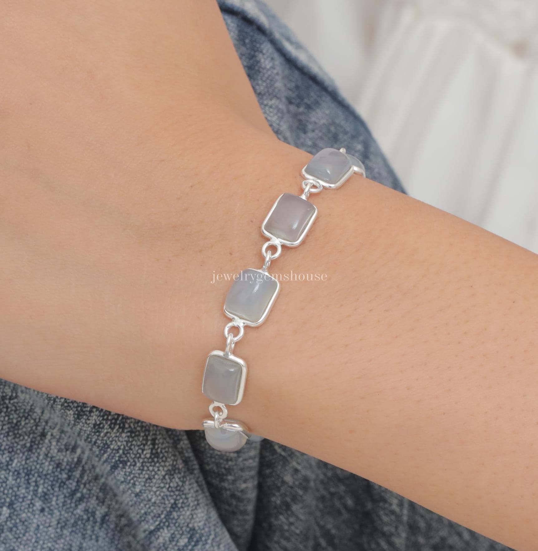Chalcedony Bracelet, 925 Sterling Silver Bracelet, Rectangle Stone