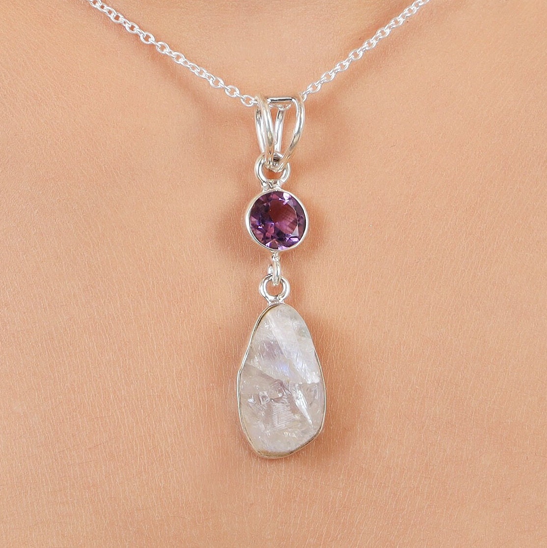 Moonstone Amethyst 925 Silver pendant,Oval and Pear Cut Stone pendent, 925-Antique Silver Pendant, Wedding Boho Pendant, Gemstone Pendant