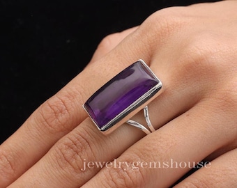 Amethyst Ring, 925 Sterling Silver Ring, Rectangular Shaped Ring, Purple Crystal Ring, Boho Ring, Women Silver Jewelry, Gift for Loved One