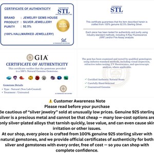 Puede incluir: Un certificado de autenticidad blanco para joyer&iacute;a de plata de Jewelry Gems House con 92,5% de pureza, junto a un certificado GIA para piedras preciosas naturales. El documento incluye una nota informativa sobre la plata de ley 925.
