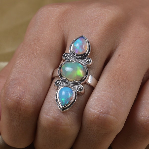 Natural Ethiopian Opal Ring, 925 Sterling Silver Ring, Boho Ring, Statement Ring, Gift for Her, Ring for Women, October Birthstone