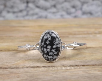 Snowflake Obsidian Cuff, 925 Sterling Silver Bangle Bracelet, Gemstone Bangle, Gift for Men, Handmade Silver Cuff Bracelet, Gift for Her