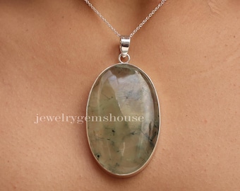 Prehnite Pendant, 925 Sterling Silver, Boho Handmade Pendant, Oval Shape Pendant, Hippie Necklace, Statement Jewelry, Gift For Her