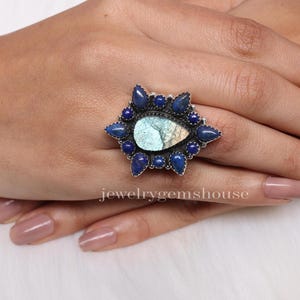 Raw Labradorite & Lapis Lazuli Ring, 925 Solid Sterling Silver Ring, Handmade Ring, Statement Jewelry, Crystal Silver Ring, Ring For Women