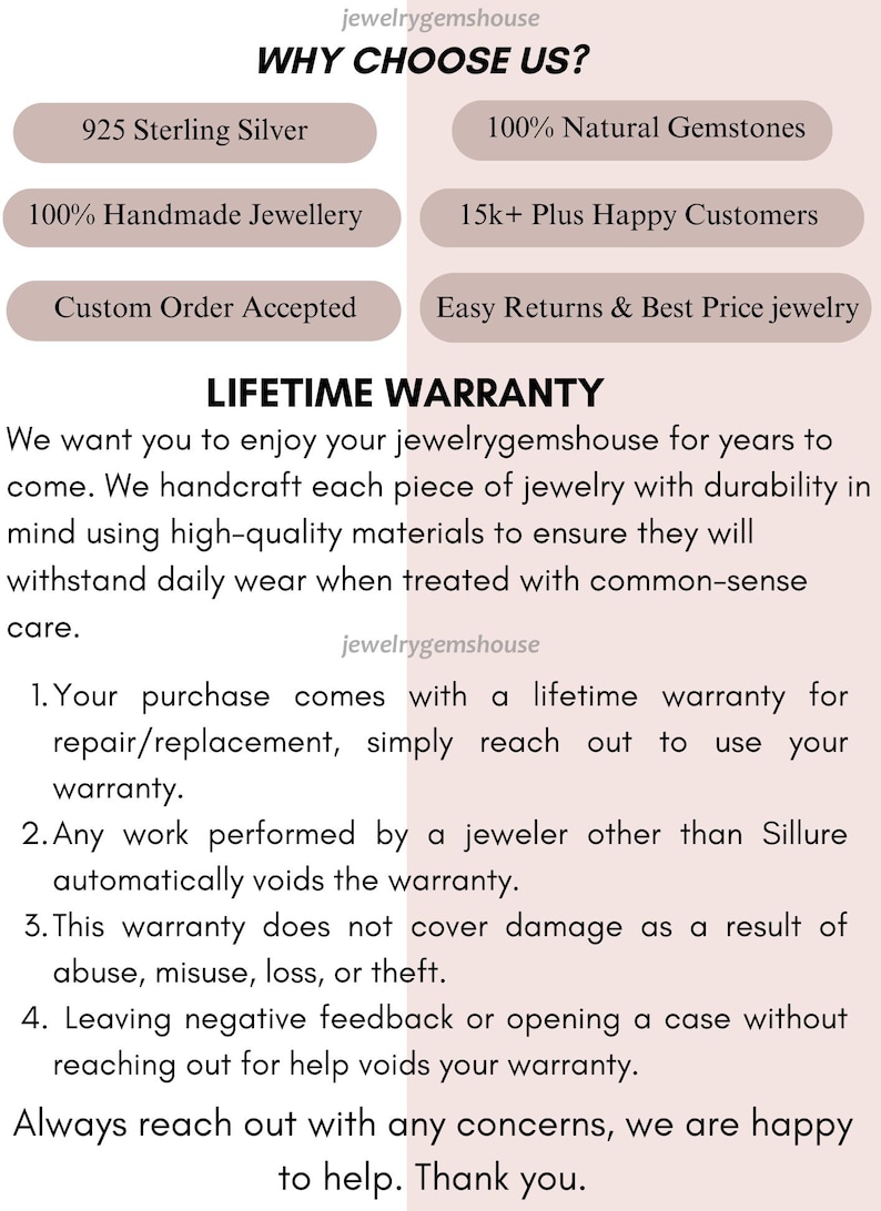 Puede incluir: Gr&aacute;fico promocional para jewelrygemshouse, destacando plata de ley 925, piedras preciosas naturales y joyer&iacute;a hecha a mano. Tambi&eacute;n menciona una garant&iacute;a de por vida y la satisfacci&oacute;n del cliente.