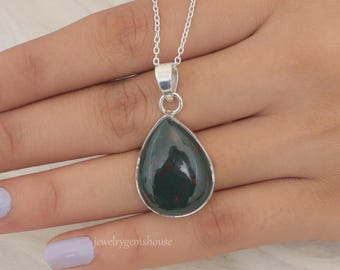 Bloodstone Pendant, 925 Sterling Silver Pendant, March Birthstone Pendant, Pear Gemstone Pendant, Handmade Jewelry Necklace, Gift for Her
