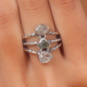 Genuine Moldavite Ring, Herkimer Diamond Ring, 925 Sterling Silver Ring, Statement Ring, Twist Band Ring, Ring for Women, Moldavite Jewelry