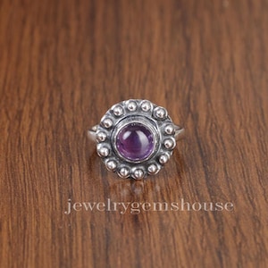 Bague améthyste, bague en argent sterling 925, pierre de naissance de février, bague ronde avec pierres précieuses, bijoux en argent faits main, cadeau de mariage pour elle