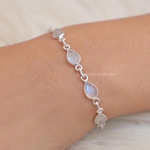 Rainbow Moonstone Bracelet, 925 Sterling Silver Bracelet, Boho Bracelet, June Birthstone Bracelet, Pear Gemstone Bracelet, Handmade Bracelet