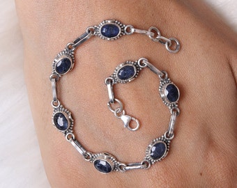 Bracelet en saphir bleu, bracelet en argent sterling 925, bracelet en pierres précieuses, bijoux en saphir taillé, bracelet en argent fait à la main, cadeau d'anniversaire