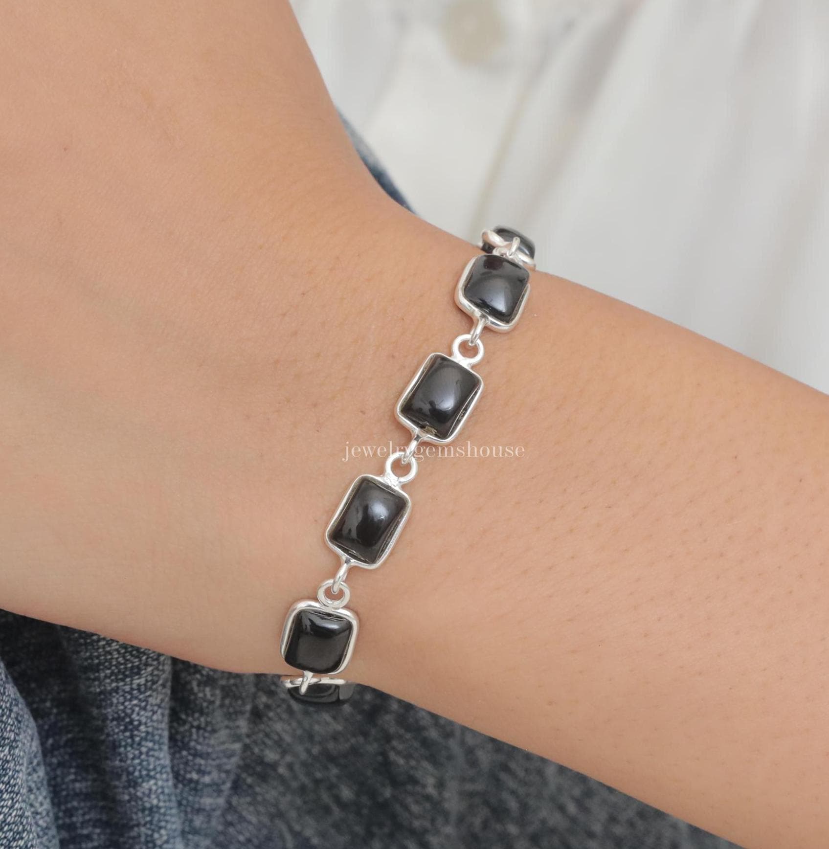 Bracelet Gourmette En Argent Massif 925 Avec Pierre D'onyx Noire Et Marcasite - Bijou Occasion Artisanal