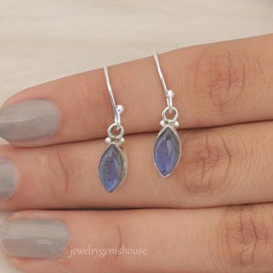 Puede incluir: Pendientes colgantes de plata de ley con una piedra preciosa de labradorita azul en forma de lágrima. Los pendientes tienen un diseño sencillo y son perfectos para el uso diario.
