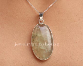 Prehnite Pendant, 925 Sterling Silver Pendent, Oval Shape Pendant, Natural Gemstone Jewelry, Hippie Pendent, Anniversary Gift For Her