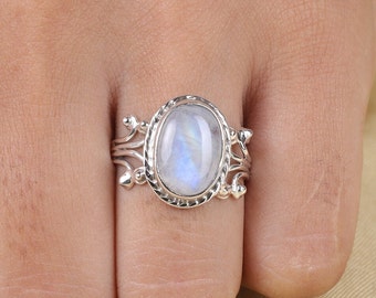 Rainbow Moonstone Ring, 925 Sterling Silver Ring, Women Silver Ring, Oval Gemstone Ring, Statement Ring, Engagement Ring, Handmade Jewelry