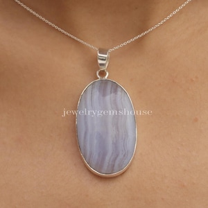 Blue Lace Agate Pendant, 925 Sterling Silver Pendant, Handmade Silver Pendant, Large Pendant, Gemstone Jewelry, Boho Pendant, Gift for Her