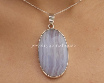 Pendentif agate dentelle bleue, pendentif en argent sterling 925, pendentif en argent fait main, grand pendentif, bijoux en pierres précieuses, pendentif bohème, cadeau pour elle