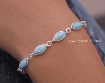 Dominican Larimar Bracelet, 925 Sterling Silver Bracelet, Blue Gemstone Bracelet, Women Bracelet, Bohemian Jewelry, Handmade Bracelet