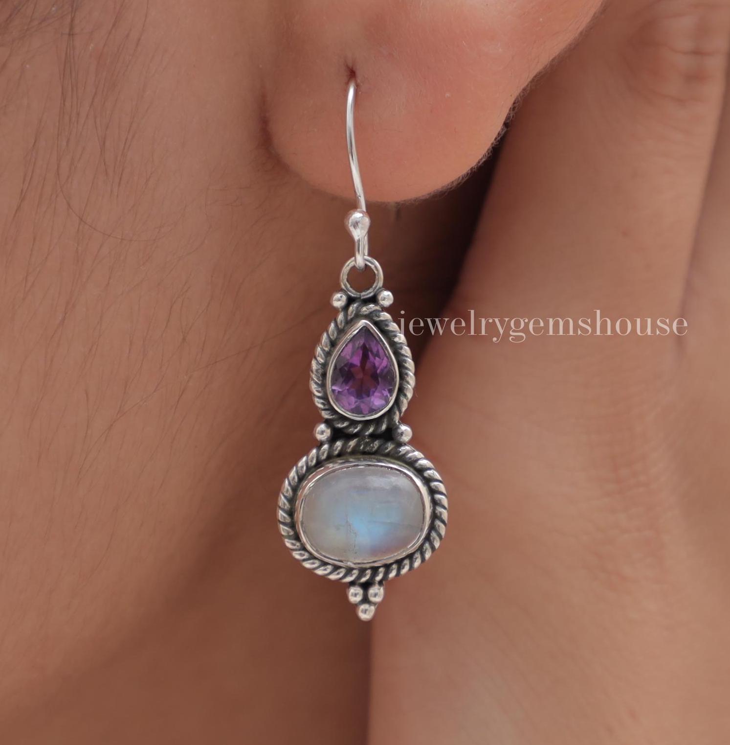 Rainbow Moonstone & Amethyst Earrings, 925 Sterling Silver