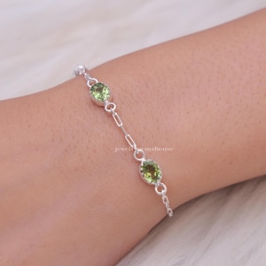 Pulsera de peridoto tallado, pulsera de plata de ley 925, pulsera de piedras preciosas, pulsera con piedra de nacimiento de agosto, joyería ajustable, pulsera hecha a mano