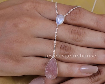 Raw Rose Quartz, Moonstone, Pendant Necklace, 925 Sterling Silver Pendant, Silver Drop Pendant, Pendant With Chain, Women Silver Jewellery