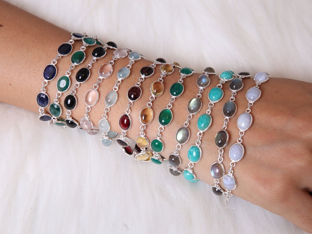 Multi Gemstone 925 Solid Sterling Silver Bracelet Oval Stone Bracelet Multi Gemstone 925 Solid Sterling Silver Bracelet Oval Stone Bracelet