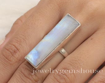 Regenbogen Mondstein Ring, 925 Sterling Silber Ring, Rechteck Edelstein Ring, Vintage Ring, Halloween Schmuck, Juni Birthstone Ring, Boho Ring