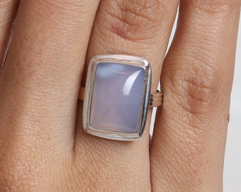 Chalcedony Ring, 925 Sterling Silver Ring, Rectangular Shaped Ring, Cabochon Gemstone Ring, Healing Crystal Ring, Birthday Gift for Sister