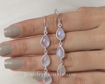 Natural Rainbow Moonstone Earrings, 925 Sterling Silver Earrings, Rainbow Fire Gemstone Earrings, Vintage Earrings, Triple Drop Earrings