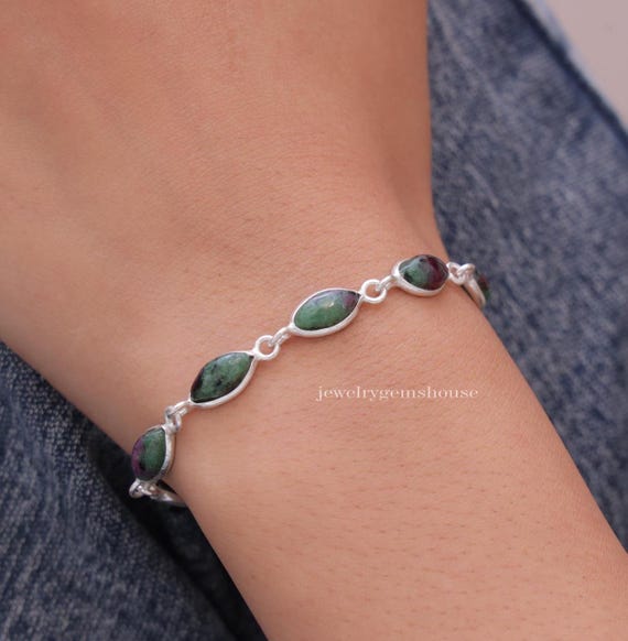 Bracelet Femme En Argent Massif 925 - Serti D'une Émeraude Marquise - Longueur 19cm - Rhodié - Neuf Avec Étiquettes