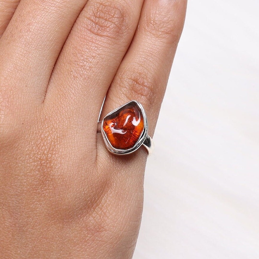 Raw Amber Ring 925 Solid Sterling Silver Ring Rough Crystal Ring