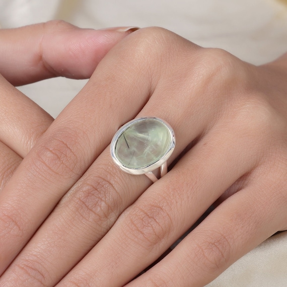 Prehnite Gemstone Ring, Ring for Women, Green Gemstone Ring, Oval Cabochon Ring, 925 Silver Stamped Ring, Natural Prehnite Ring, Gift