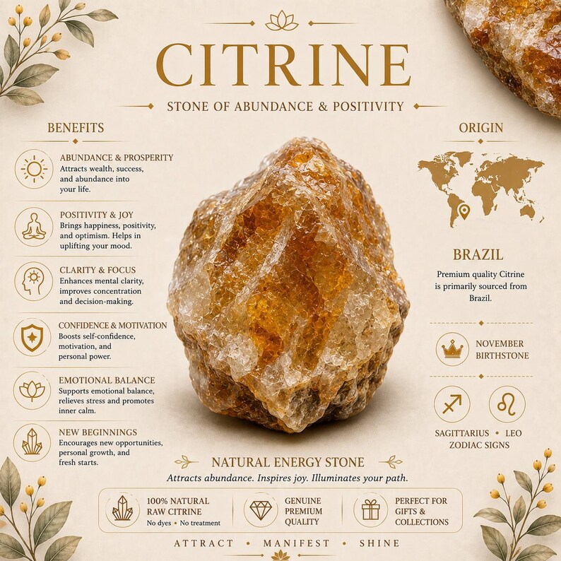 Puede incluir: Un cristal de citrino crudo de color amarillo dorado centrado en una tarjeta informativa. El texto dice Citrine, Stone of Abundance & Positivity, detallando beneficios como prosperidad, alegr&iacute;a y claridad, con un mapa mundial que se&ntilde;ala a Brasil.