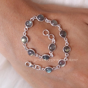 Labradorite Bracelet, 925 Sterling Silver Bracelet, Round Stone Bracelet, Handmade Gemstone Bracelet, Women Silver Jewelry, Gift for Her