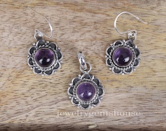 Natural Amethyst Gemstone Jewelry, 925 Sterling Silver, Available as Only Pendant, Only Earring, Pendant Earring Set Jewelry, Gift For Her