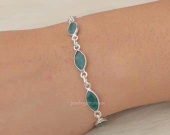 Cut Emerald Bracelet, 925 Sterling Silver Bracelet, May Birthstone Bracelet, Marquise Gemstone Bracelet, Boho Handmade Jewelry, Gift for Her