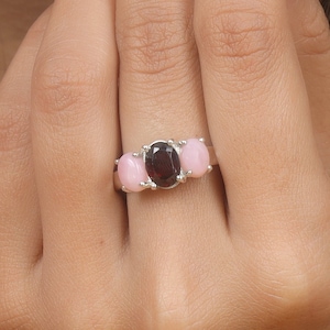 Red Garnet Ring, Pink Opal Ring, 925 Silver Ring, Handmade Ring, Triple Stone Ring, Gemstone Ring, Women Ring, Promise Ring, Boho Jewellery