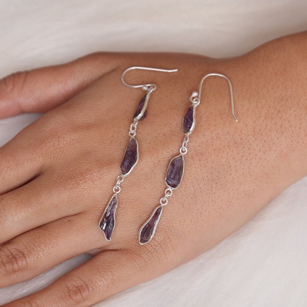 Raw Amethyst Earrings, 925 Sterling Silver Earrings, Rough Gemstone Earrings, Dangle Drop Earrings, February Birthstone, Handmade Jewelry