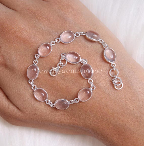 Rose Quartz Bracelet, 925 Solid Sterling Silver Bracelet, Gemstone  Bracelet, Women Silver Jewelry, Handmade Bracelet, Wedding Gift for Her