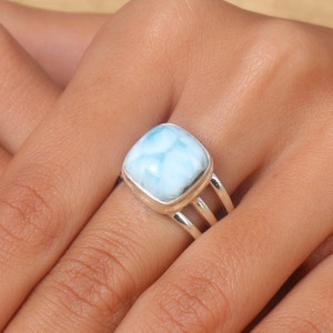 Larimar Ring, Gemstone Ring, 925 Sterling Silver Ring, Handmade Ring, Statement Ring, Boho Ring, Square Shape Ring, Natural Larimar Ring