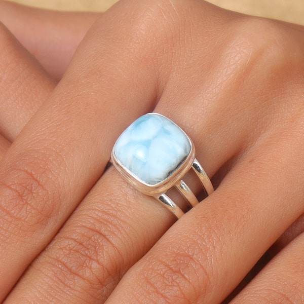 Larimar Ring, Gemstone Ring, 925 Sterling Silver Ring, Handmade Ring, Statement Ring, Boho Ring, Square Shape Ring, Natural Larimar Ring