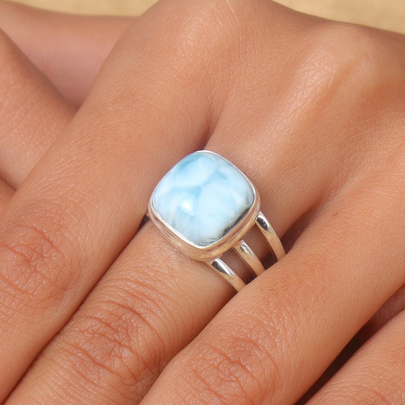Sterling Silver Square Larimar Ring – Natural Blue Stone, High Polish, Sizes 6-9